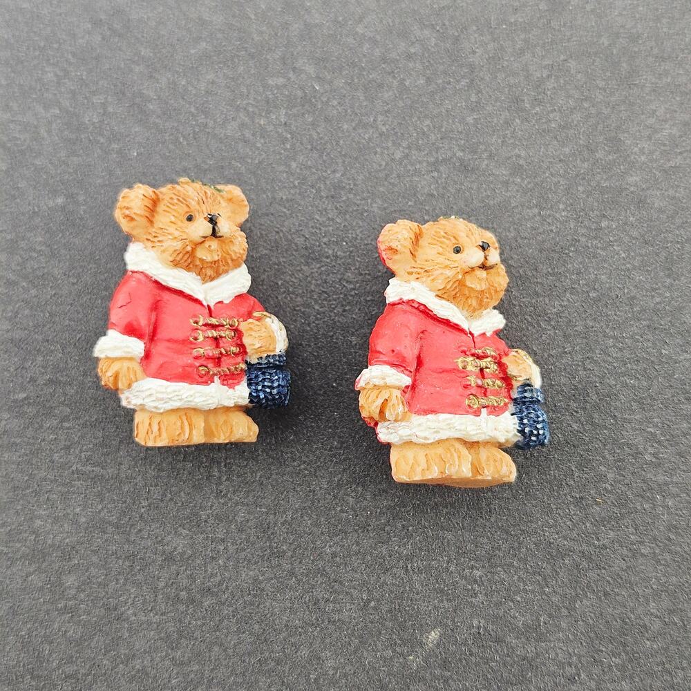 Hand Painted Teddy Bear Earrings Brown Bear With Red Coat Cutesy Holiday Winter
